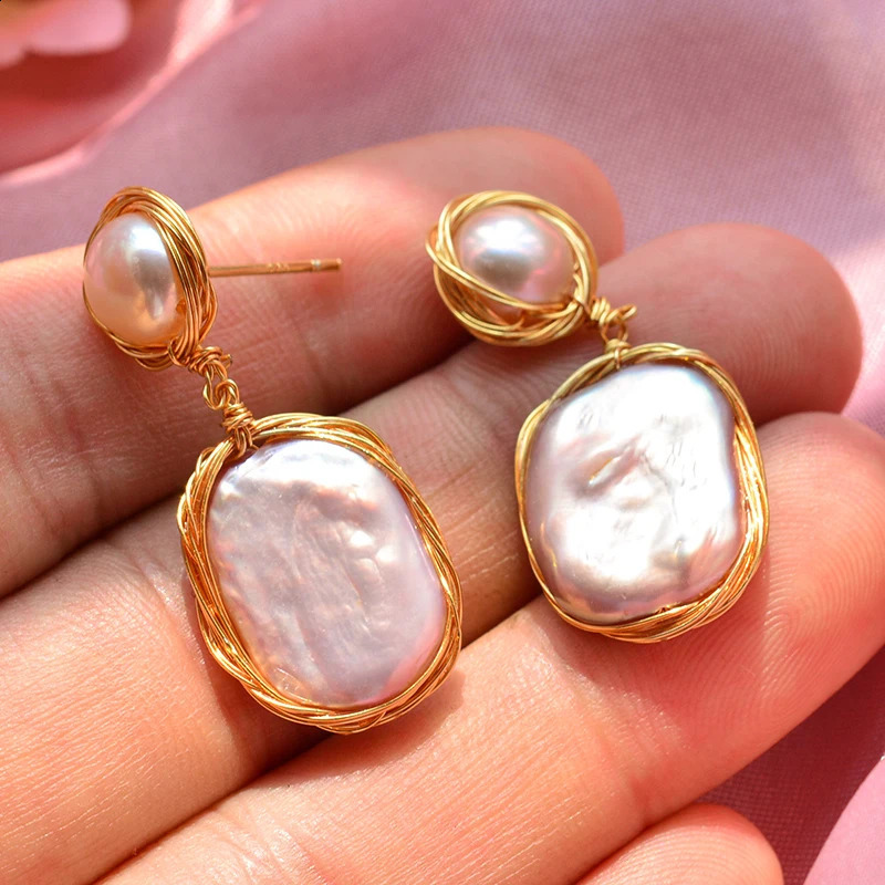 100% natural Baroque freshwater pearl 14K gold filled womens tassel stud earrings jewelry 250409