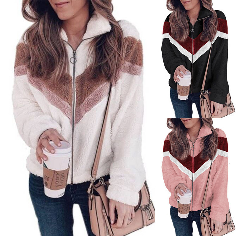 Womens 2021 autumn winter new plush sweater zipper cardigan contrast coat 210414