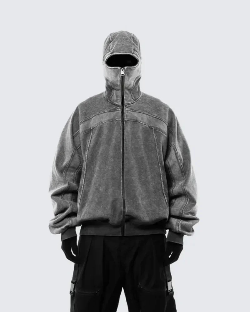 Classic Balaclava Hoodie Men Washed Gray Ninja Pullover Sweatshirt Hip Hop Splicing Y2k Vintage Winter Streetwear Couple Tops 251110 - view 4