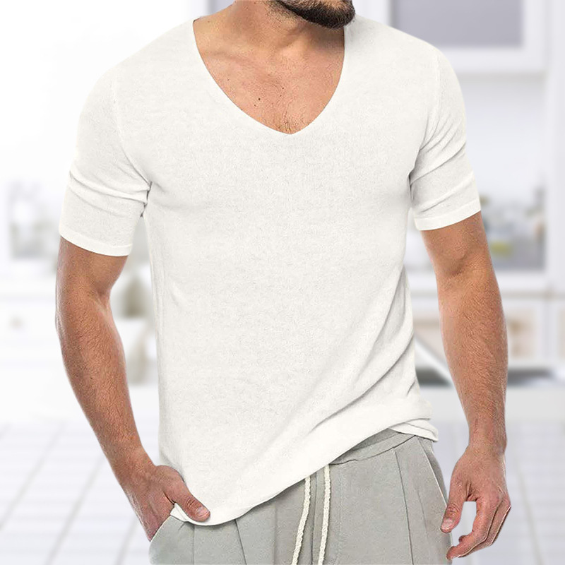 Mens thin V-neck solid color knitted shirt summer short sleeved knitted T-shirt