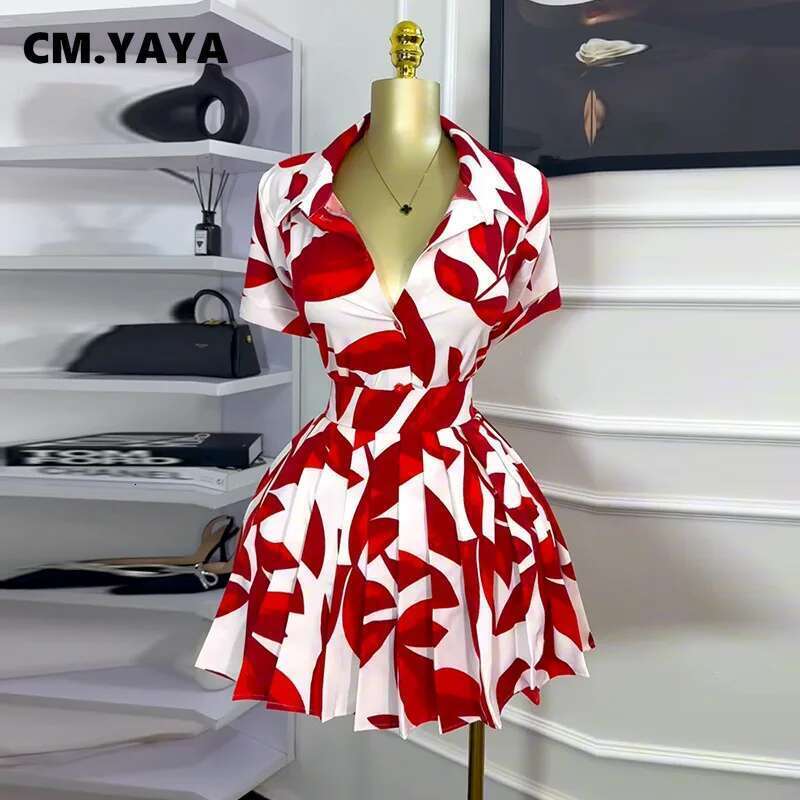 Cm.Yaya Leaf Printed Women's Set Short Sleeve Bowknot Hem Blouse Shirt And Pleated Mini Skirts Suit 2023 Two 2 Piece Sets Outfit