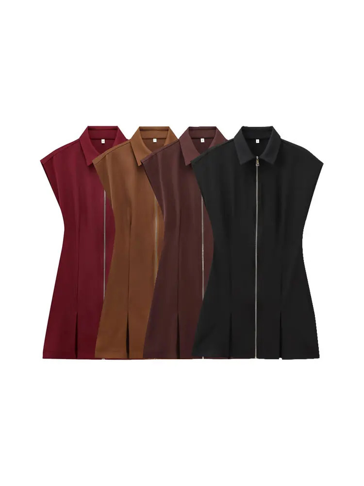 TRZA Womens Fashion Front Zipper Mini Dress with Collar and Short Sleeve Vestidos Mujer 250414