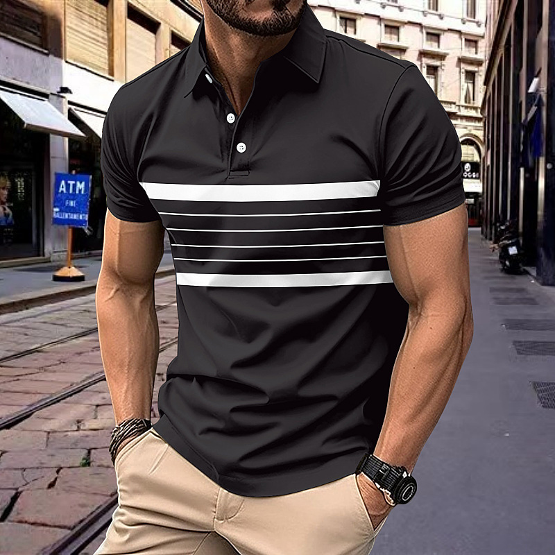 New digital printed striped polo shirt for summer V-neck button mesh fabric versatile men's t-shirt