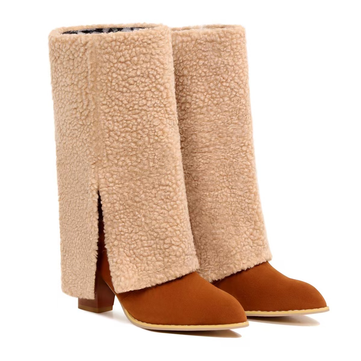 Women Winter Furry Thigh-high Pants Female Fashion Wedge Heeled Pointy Knee-high New Boots 2024 0c9b