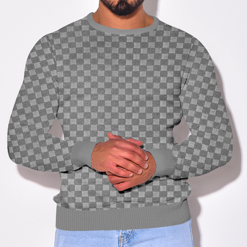 Men's autumn and winter men's T-shirt jacquard checkerboard round neck knitted sweater base long sleeved sweatshirt