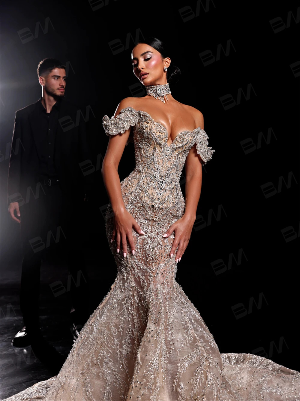 Gorgeous Sequined Mermaid Wedding Dresses Exquisite Off The Shoulder Bridal Gown Illusion Vestido De Novia Customized