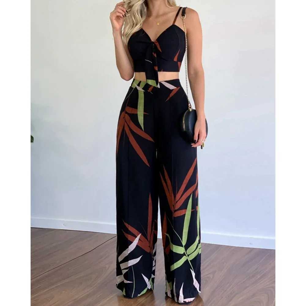 Summer womens tropical printed spaghetti strap casual lace strap top and high waisted pants set 2-piece set 2023 womens clothingXJ250414