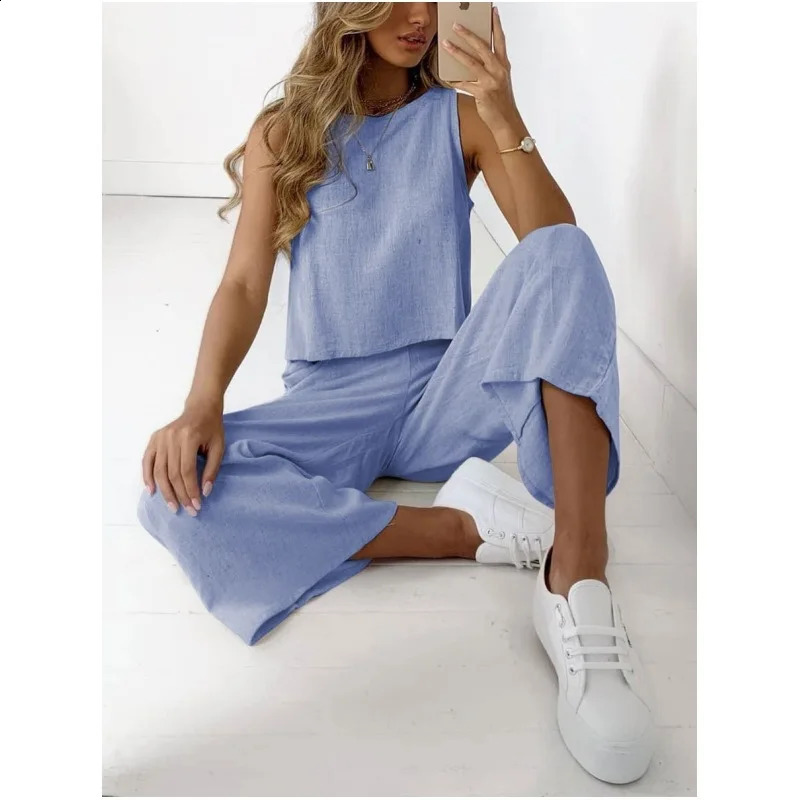 Simple Cotton Linen Womens Suits Summer Fashion Sleeveless Loose Blouse Wide Leg Pants Two Piece Set For Women Casual Outfits 250414