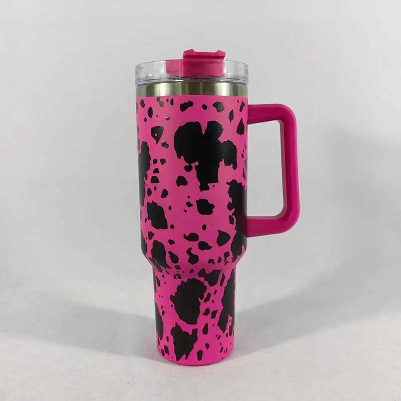 40oz Cow Pattern Thermal Cups with Handle Double Layer Stainl Steel Insulated Water BottleCoffee Cup Travel Portable Car Cups C251114