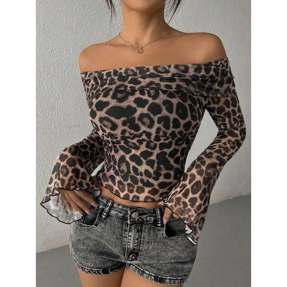 Lygens Leopard Print Long Sleeve Mesh Ruched Slim Crop Tshirt Top Casual Clothes Sexy Y2K Streetwear Manufacturer