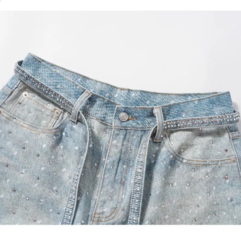 PFNW American High Street Heat-melting Rhinestone Denim Shorts Mens Loose Straight Knee Length Pants Belt Jeans 28W6067 250411