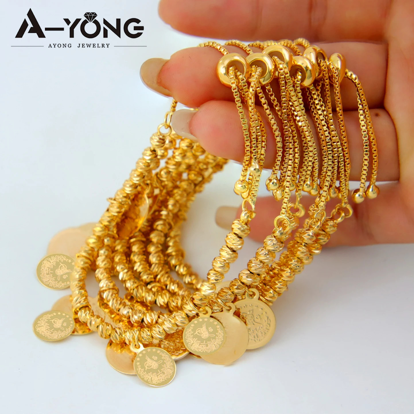 Arab Gold Color Bead Bracelet 21k Gold Plated Adjustable Turkish Coins Bangles Islamic Women Wedding Party Jewelry Gifts 251113