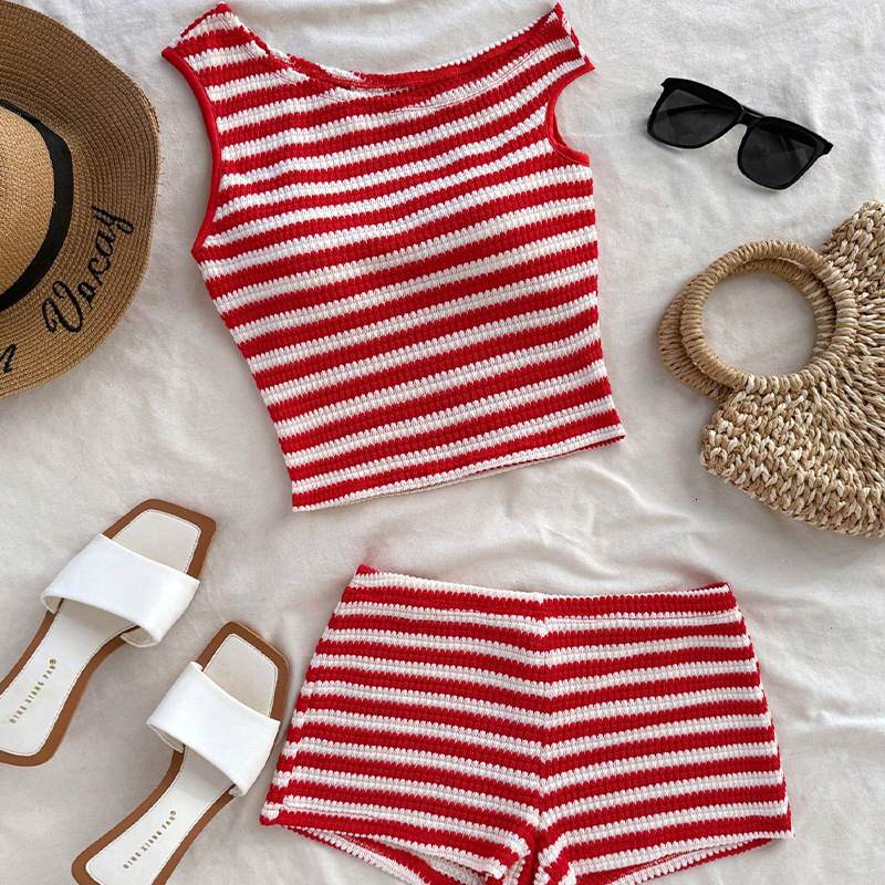 Womens clothing 2025 summer new vacation style striped vest hip hugging short set for women