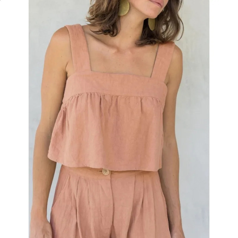 New Womens Solid Color Cotton Linen Summer 2 Piece Sets Sleeveless Tank Top Wide Leg Pants Two Piece Suit Casual Female Outfits 250414