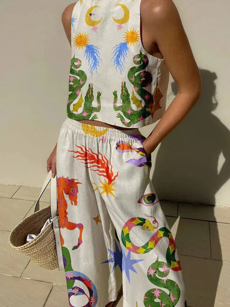 Printed Women Clothing Sleeveless Short Top Loose Pants 2-piece Set Spring/summer Hawaiian Beach Casual Set Innovative In 2024 250414