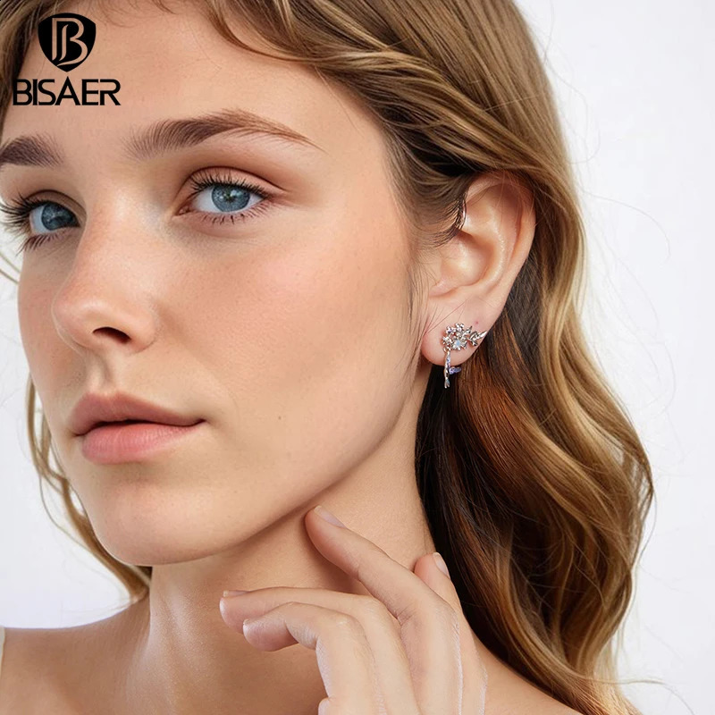 BISAER 925 sterling silver flower and bird earrings bird enamel earrings plated with platinum exquisite jewelry for womens parties 250409