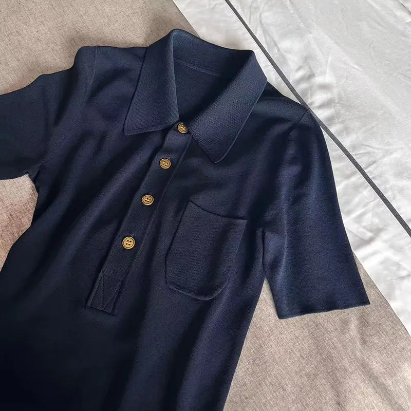 Knitted Short Sleeve French Sweater High End Weight Loss Polo Temperature Top 250410