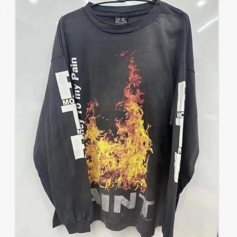 High Street 24ss Vintage Washed Long Sleeve T-Shirt Saint Man Woman Loose Printed Tops 100% Cotton Casual Fashion T Shirt Tees