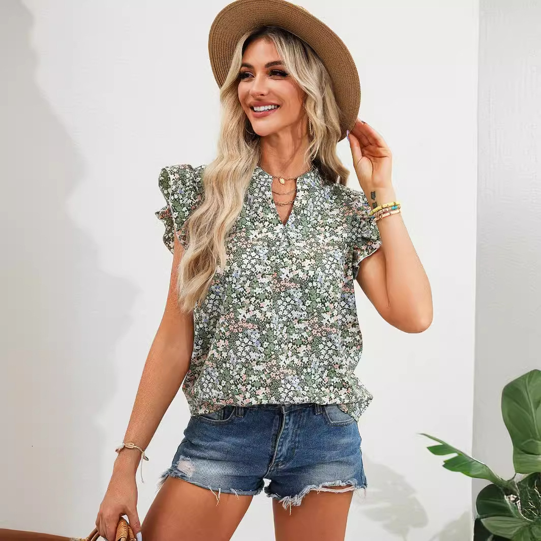 2025 Spring/Summer Women's Shirt with Lotus Leaf Edge Fresh and Sweet Floral Short Sleeve Top