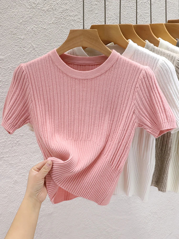 2025 Summer T shirts for Women Casual Female Korean Knit Streetwear Tees Basic Solid Young Cool Tops 250411