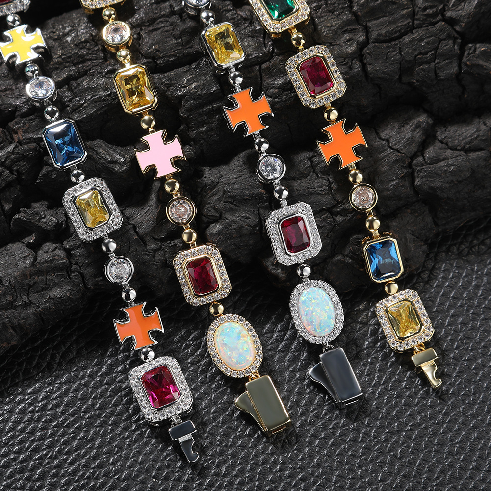High Quality Hip Hop Colored Gemstone Cross Tennis Chain Necklaces Bracelet Men Women Jewelry