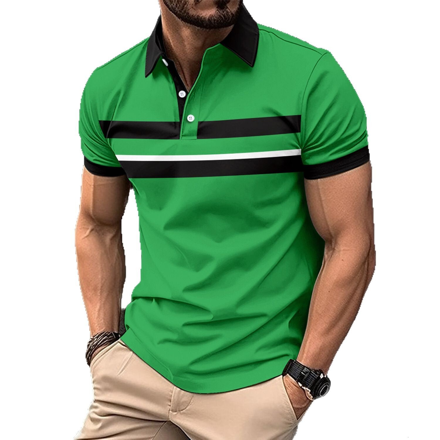 New polo shirt, short sleeved T-shirt, men's bird eye cloth, lapel button, digital printed versatile top