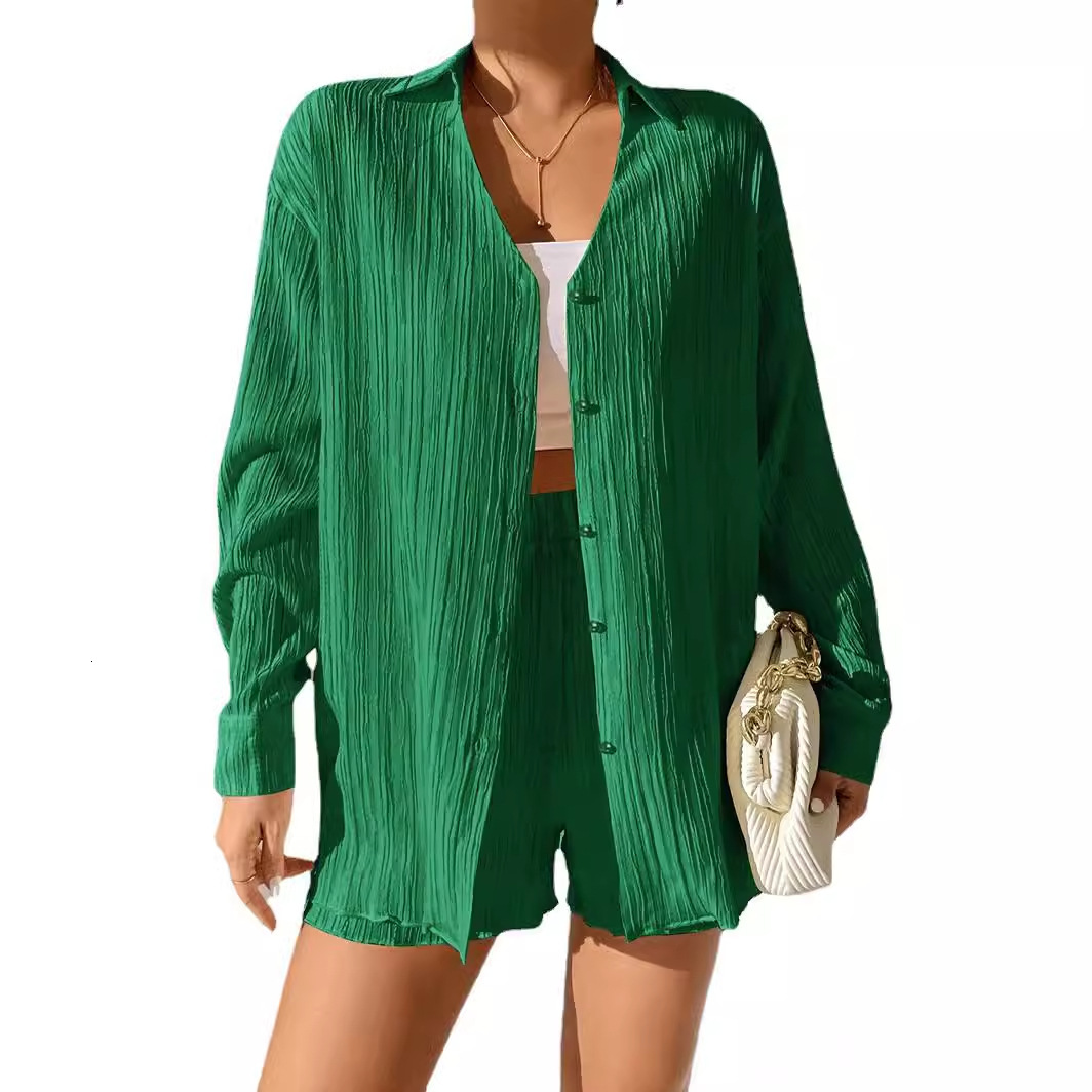 New V-neck shirt, long sleeved shorts, casual pleated texture pattern women's set