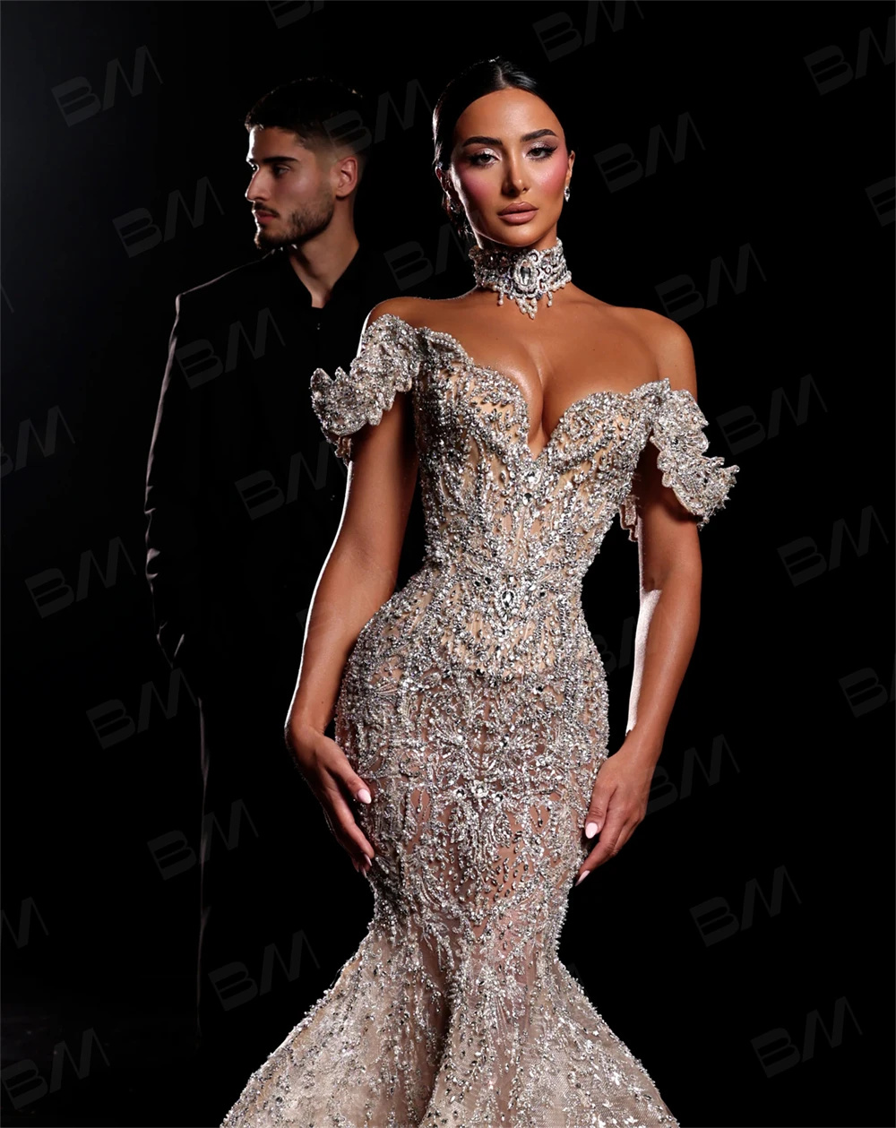Gorgeous Sequined Mermaid Wedding Dresses Exquisite Off The Shoulder Bridal Gown Illusion Vestido De Novia Customized