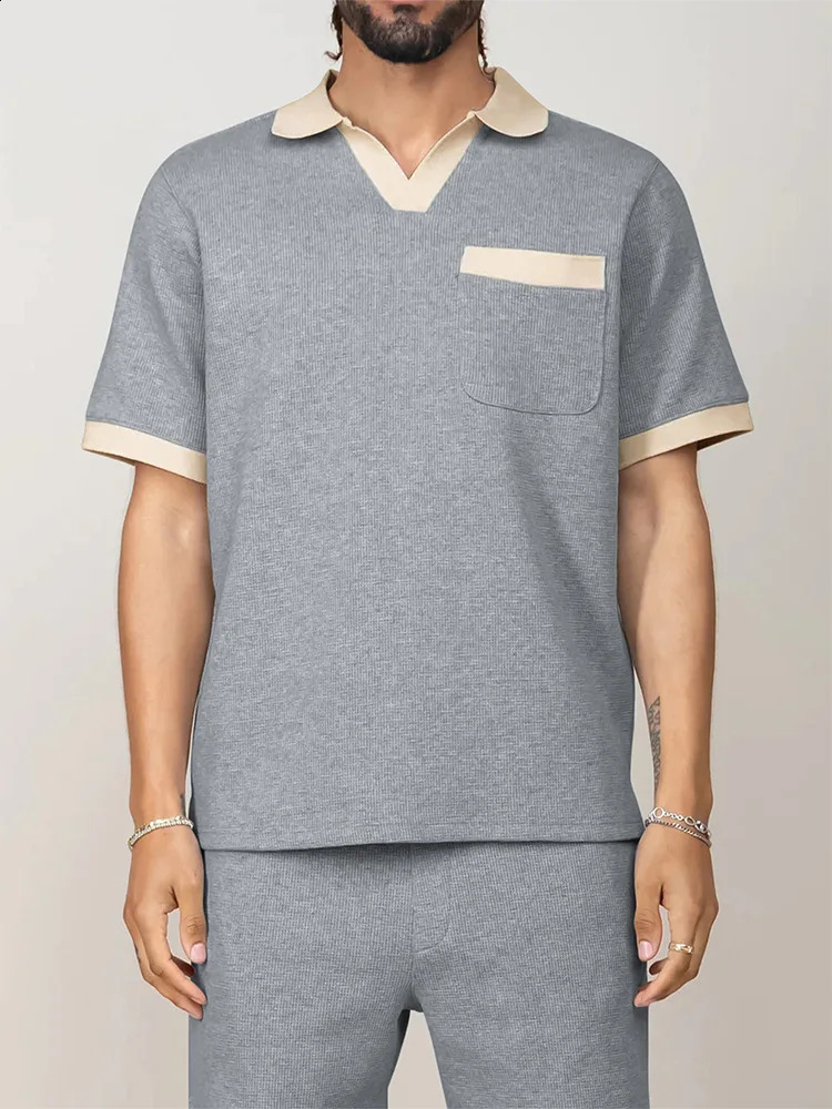 Streetwear Mens Fashion Two Piece Suits Patchwork Lapel Short Sleeve Polo Shirts And Shorts Outfits Men Summer Casual Loose Sets 250409