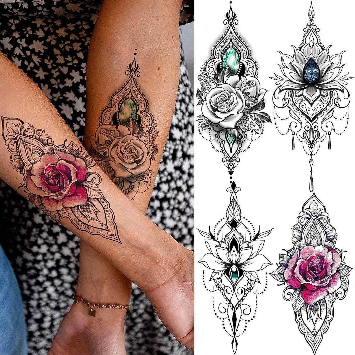 COTAK 10 Black Fingernail Flower Lotus Temporary Tattoo Female Lace Tattoo Stickers Mandala Flower Butterfly Rose Tattoo AdultXJ25414