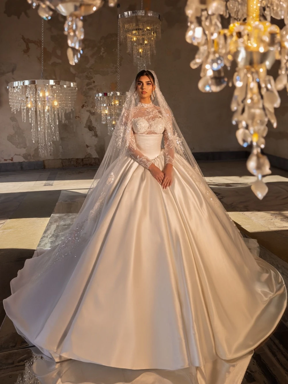 Elegant A Line Women Wedding Dress High Collar Long Sleeves Bridal Gowns Sequins Lace Sweep Train Dress Custom Made