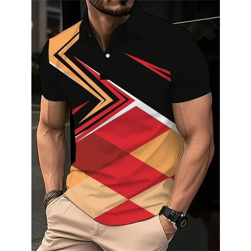 3D printed color striped mens polo shirt with geometric color block pattern mens casual lapel short sleeved top W250414