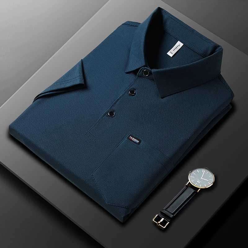 Summer silk short sleeved polo shirt mens solid patch work collar button pocket fashionable and simple casual button W250414