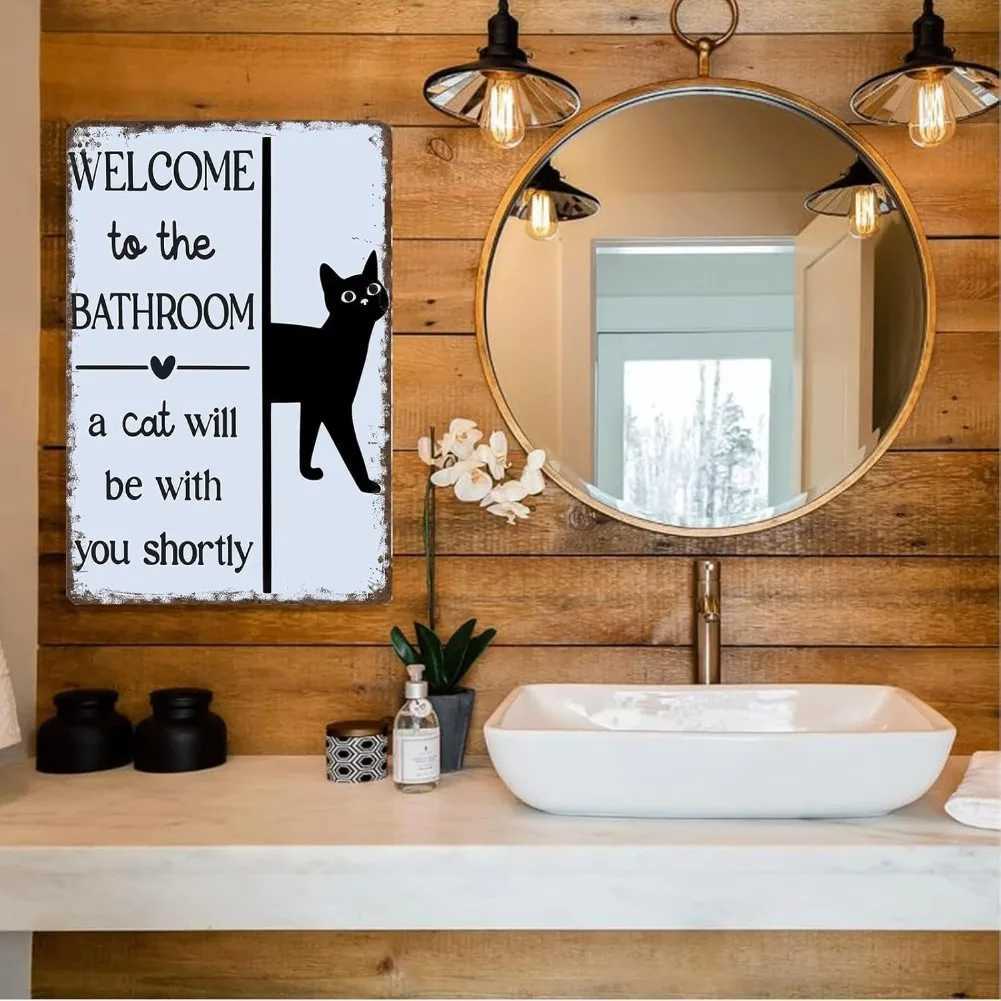 Welcome To The Bathroom A Cat Will Be With You Shortly Funny Metal Sign - Retro Cat Bathroom Wall Art 8x12 InchM251114