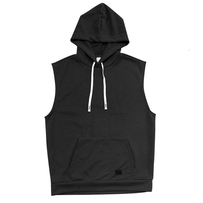 2025 men's casual European size summer jacquard knitted hooded sweatshirt sleeveless T-shirt patch pocket drawstring vest
