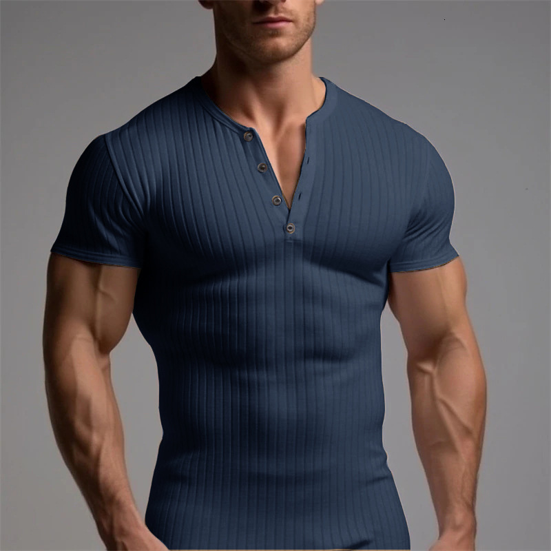 Sports Slim Fit Muscle Mens Short Sleeve T-shirt Fitness Elastic Thread Tight Solid Color American Henry