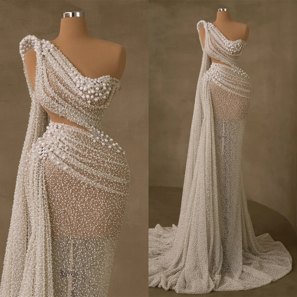 Gorgeous Pearls Mermaid Wedding Dresses Exquisite One Shoulder Strapless Bridal Gown Side Train Vestido De Novia Customized