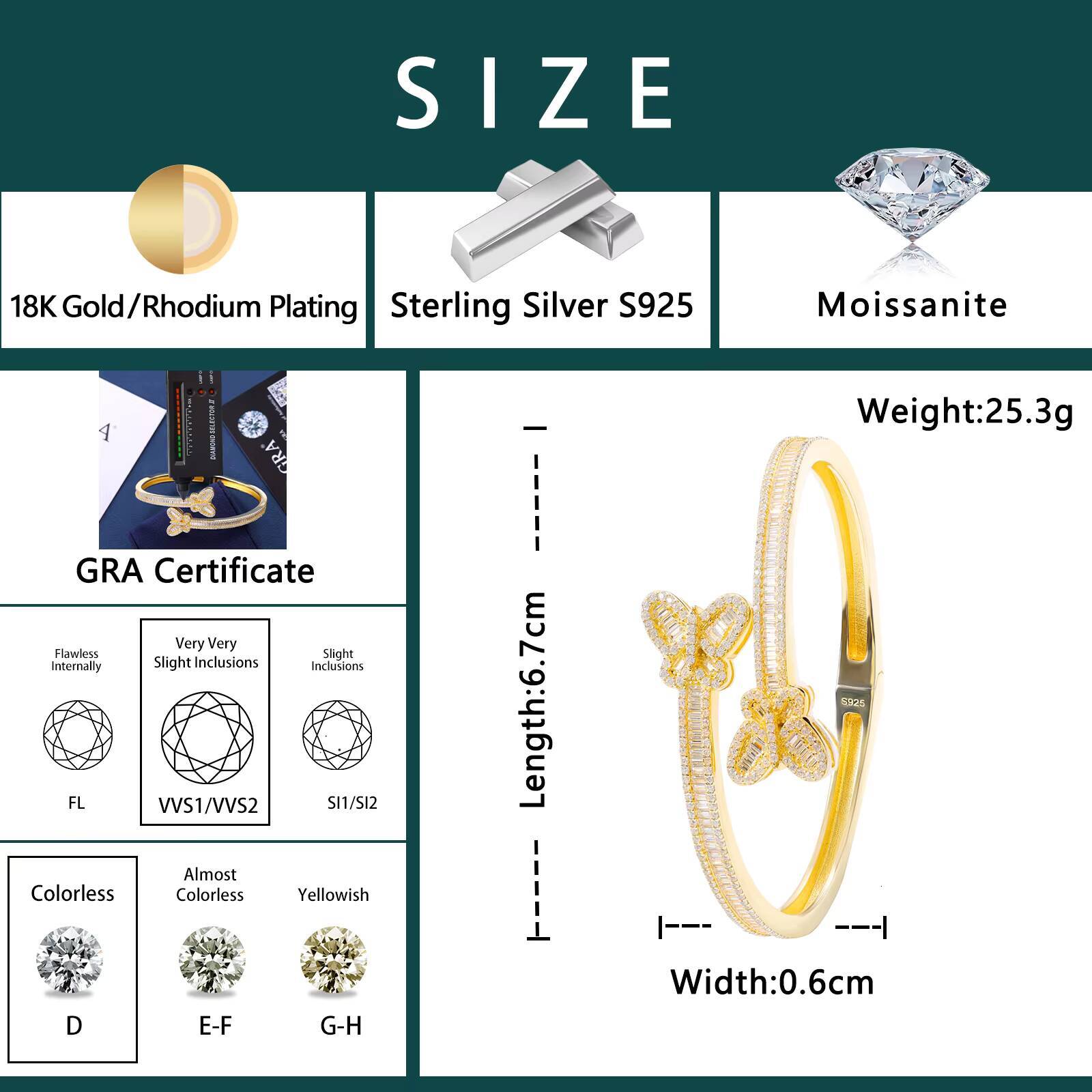 Hip Hop Jewelry Iced Out Butterfly Bangle Bracelet 925 Sterling Silver Baguette VVS D Moissanite Bangle Pass Diamond Tester