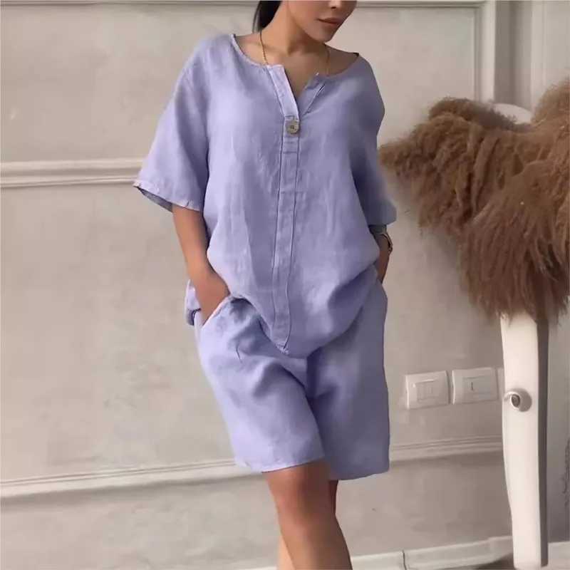Spring and summer new cotton linen two-piece set for women loose waist V-neck top and shorts set white and pinkXJ250414
