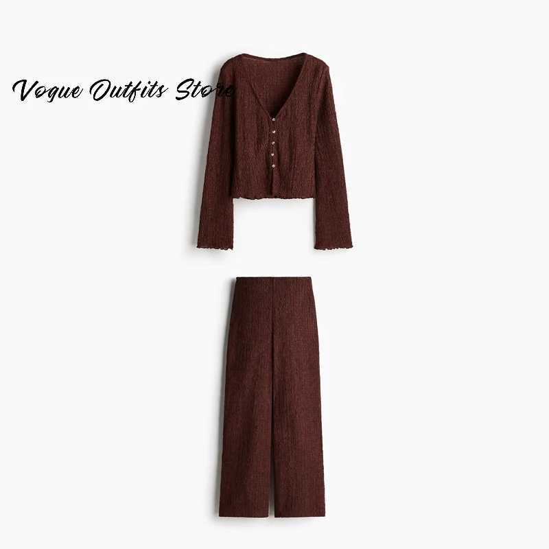 Ele pleated womens pants set V-neck single chest slim fit top waist wide leg pants 2025 spring new fashionable womens setXJ250414