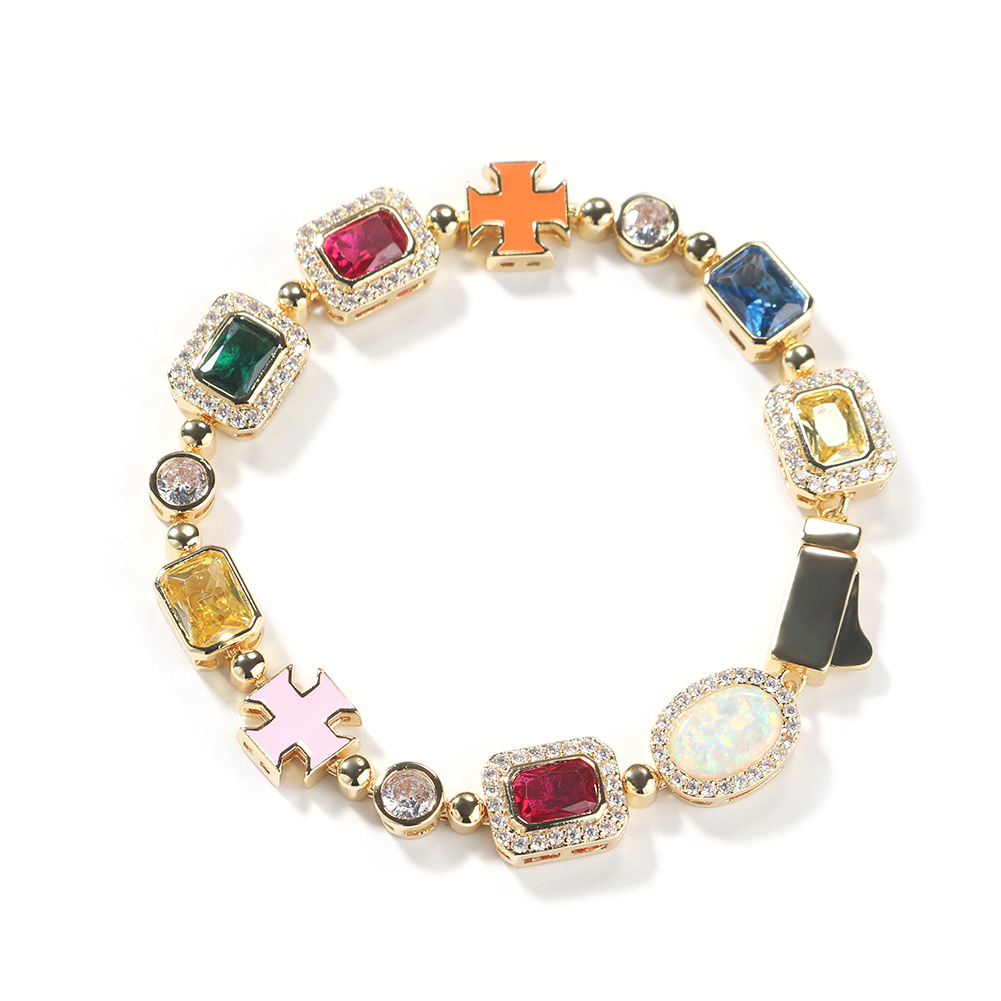 High Quality Hip Hop Colored Gemstone Cross Tennis Chain Necklaces Bracelet Men Women Jewelry