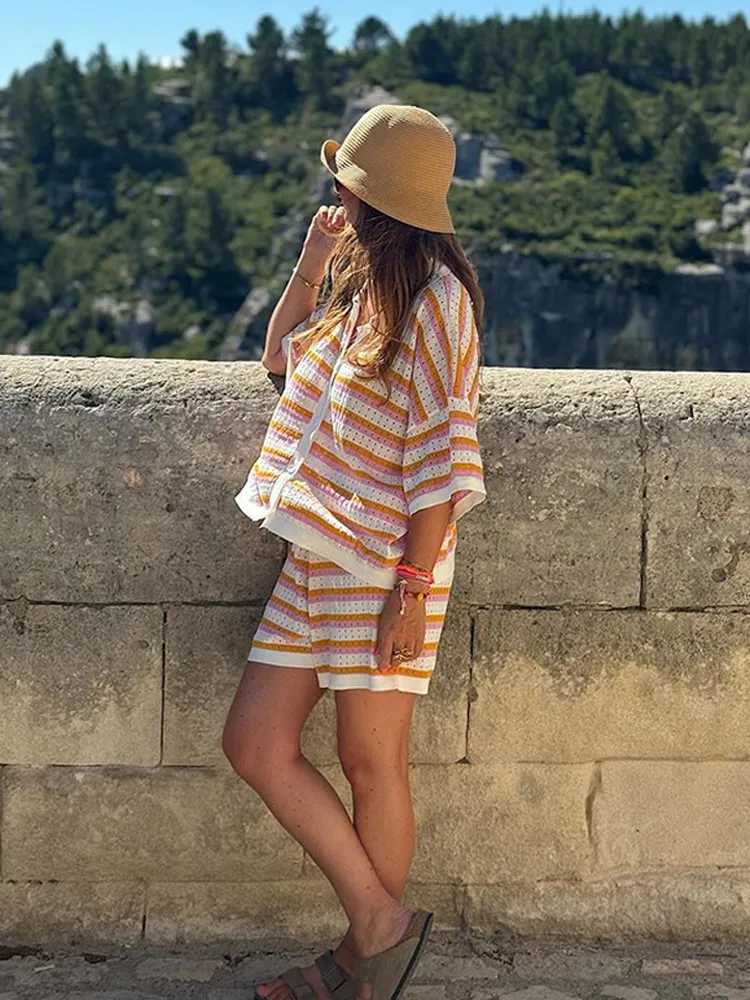 2025 New Fashion Stripe Knitted Hollow Shorts Set Fashion Womens Button Down Collar Loose Shirt Set Casual Womens Vacation SetXJ250414