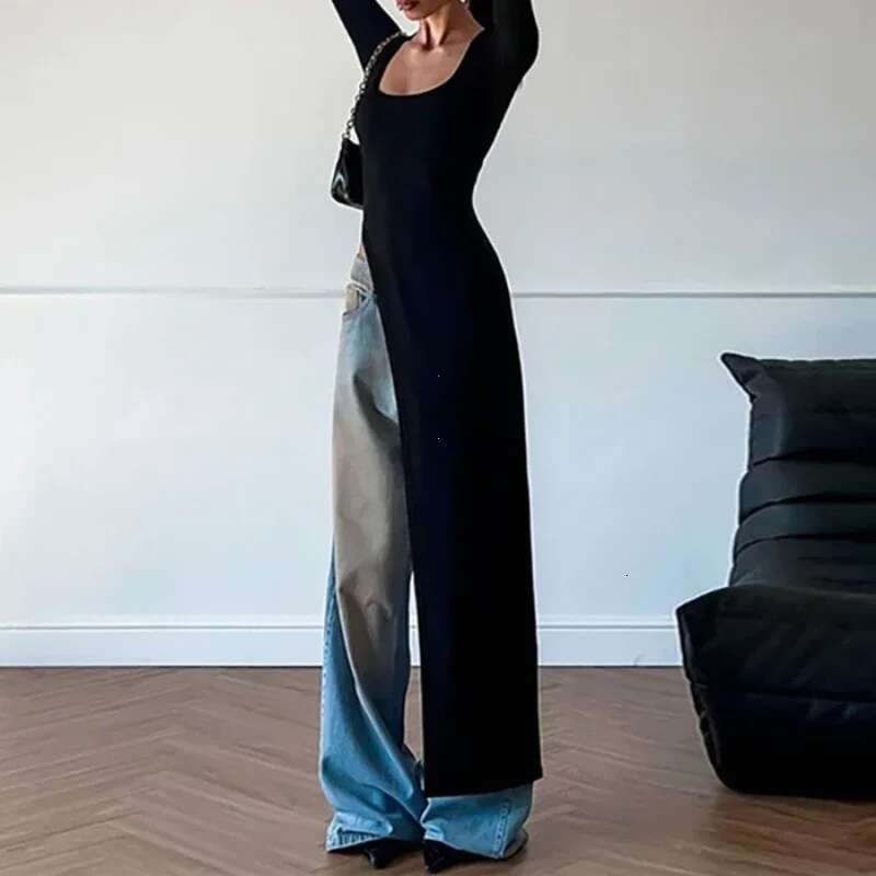 Solid Unique Women Tops Classic Concise Autumn Full Sleeve U-neck Skinny Splited Super-Long Tees Popular New Wild T-shirts