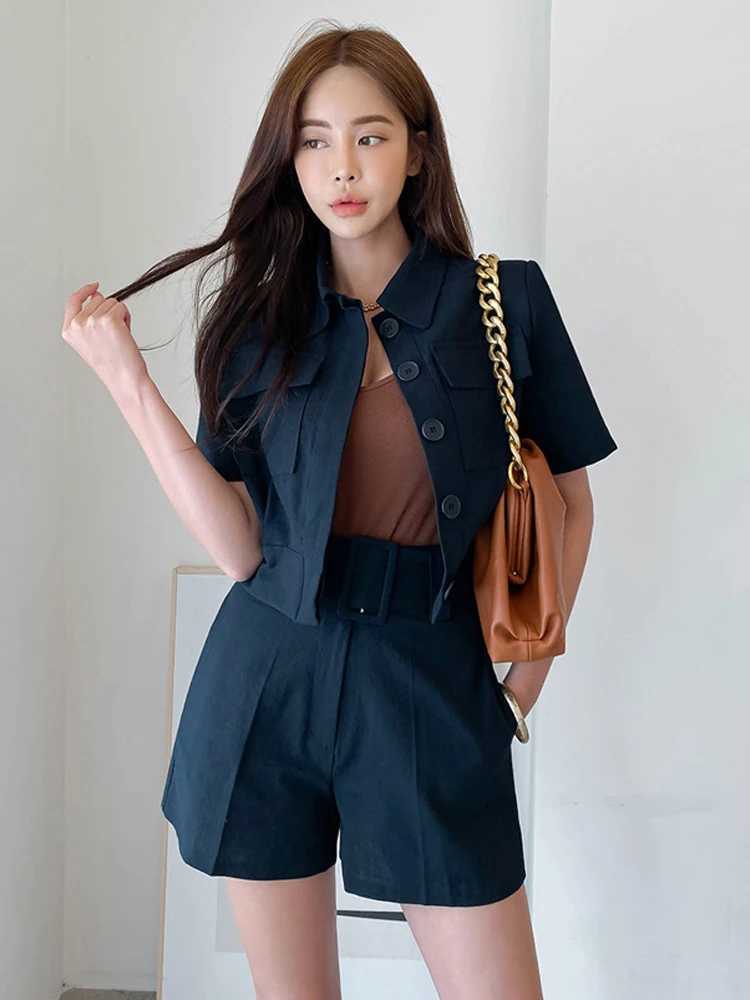 New Korean style Y2K summer womens 2-piece set formal casual short sleeved top shirt and short sleeved slim fit setXJ250414