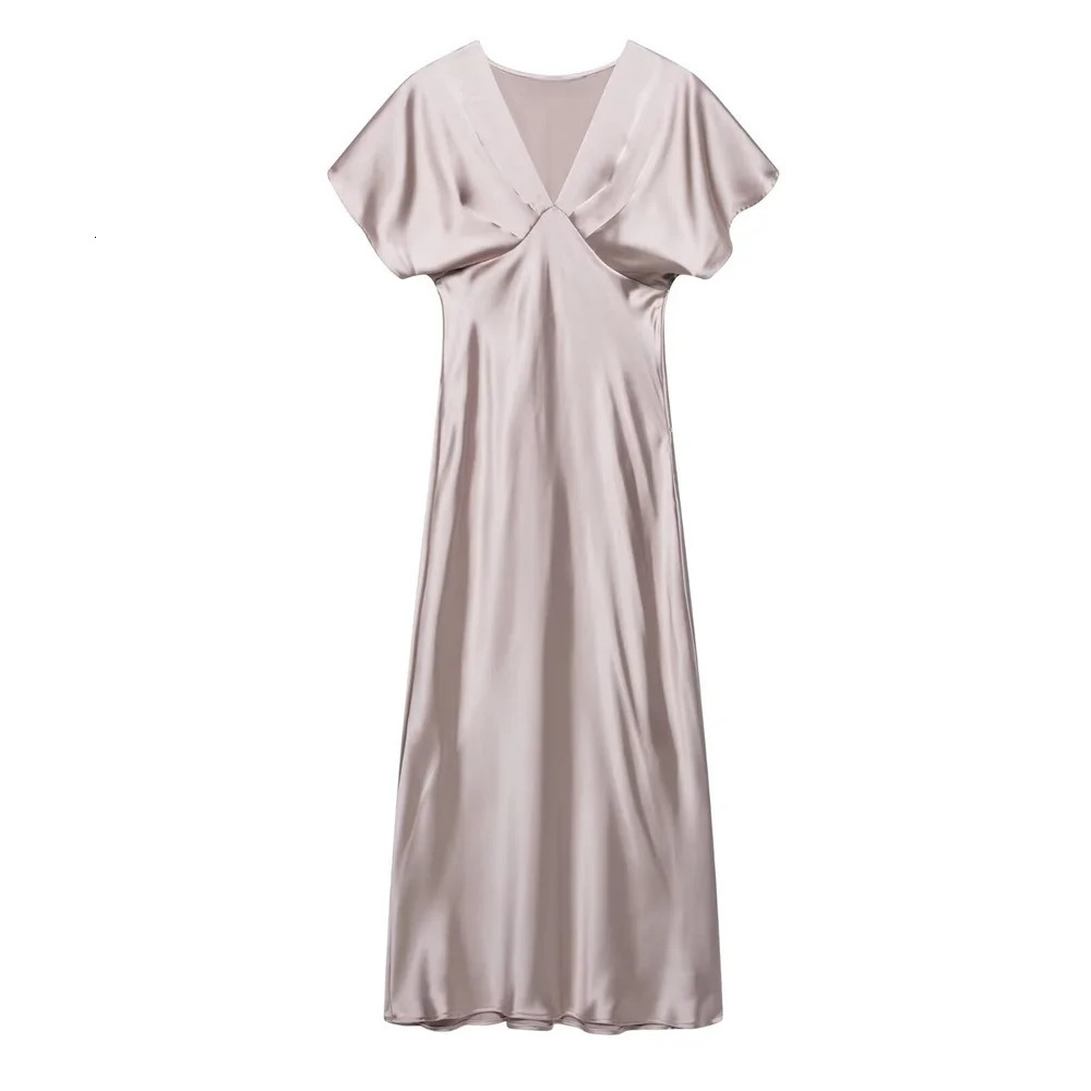 PB ZA 2025 Womens Elegant Satin Dress with Flute Sleeves Deep Vneck Midi Length Suitable for Various Occasions 250414Z