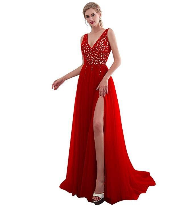 2025 New Womens Dress Deep v Sleeveless Slit Sequin Flowing Banquet Evening Gown