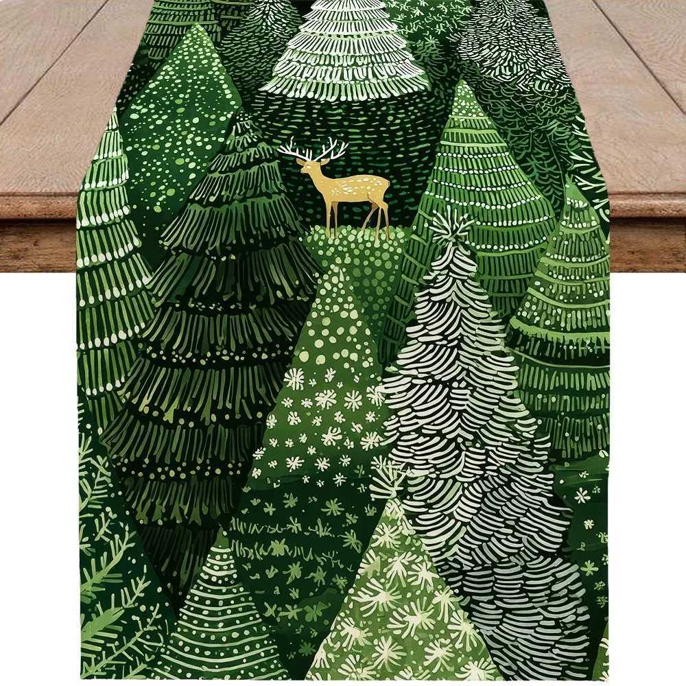 Christmas Green Forest Christmas Pattern Decoration Table Banner Holiday Table Decoration Home Kitchen Restaurant Party Decoration Y251113