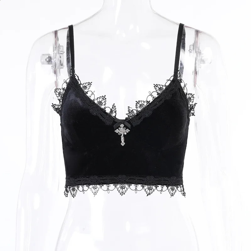 Velvet Shopping Center Gothic Crop Top Black Lace Decorative Expressions Replace Aesthetic Female Backless Sexy Shoulder Strap Tank 250407