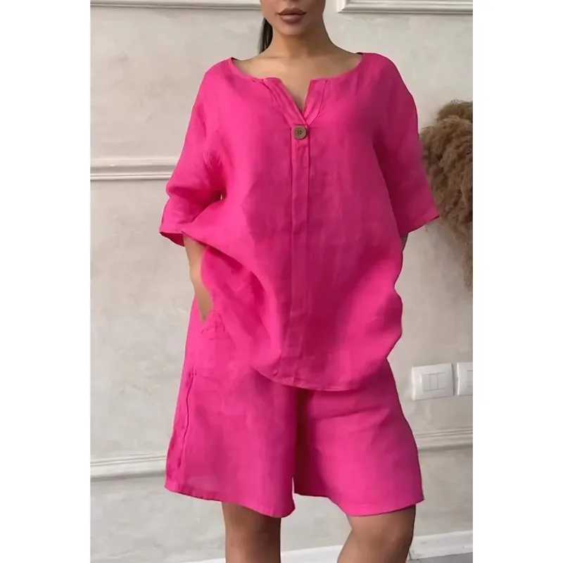 Spring and summer new cotton linen two-piece set for women loose waist V-neck top and shorts set white and pinkXJ250414