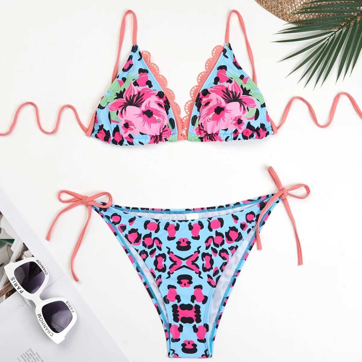 2025 Sexy Leopard Print Two Piece Swimsuit Set Triangle Bra Suspender Halter Backless Bikini Set Beach Vacation Lace-up SwimwearW251113